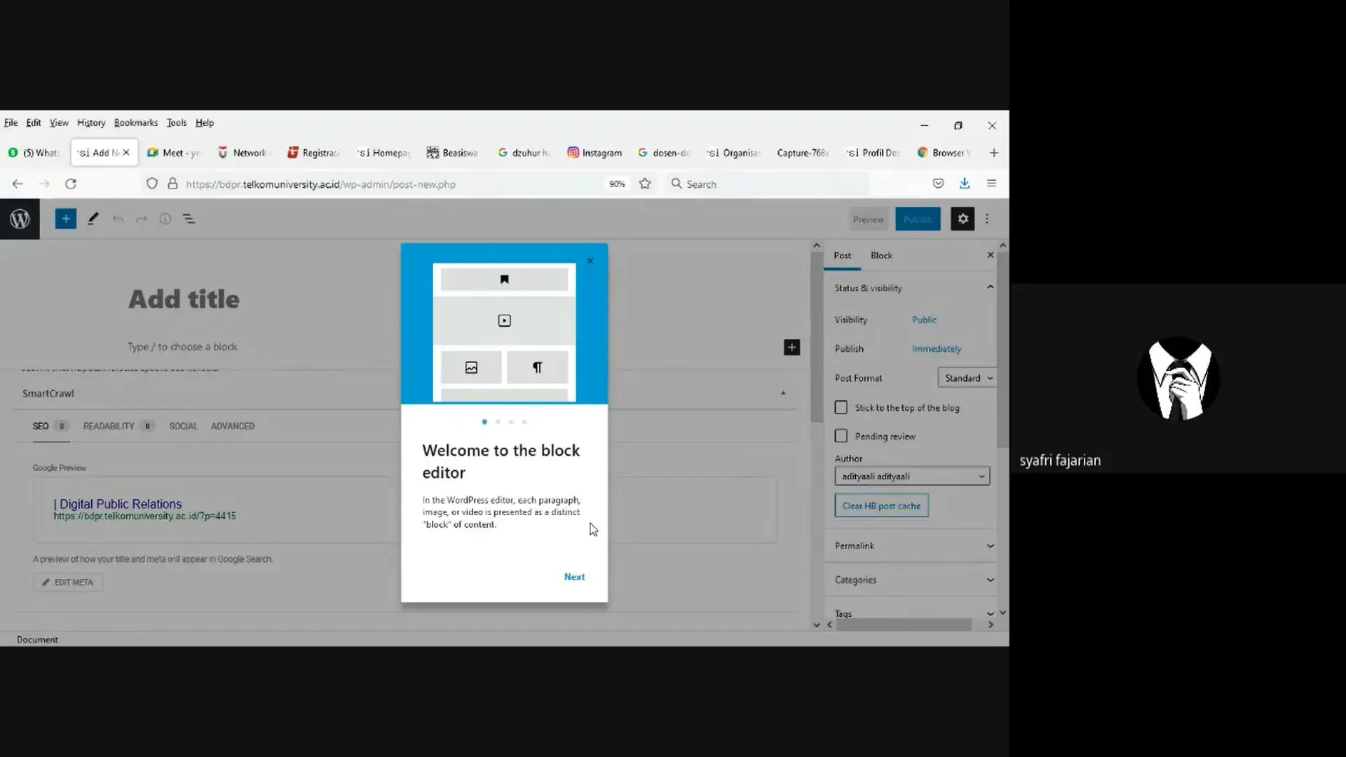 Video Penggunaan WordPress Website BDPR Telkom University