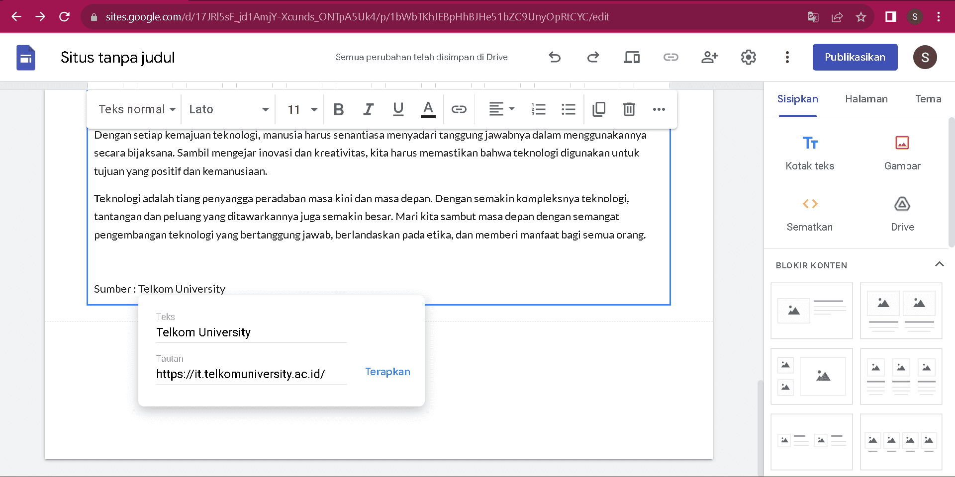 menyisipkan link gsites