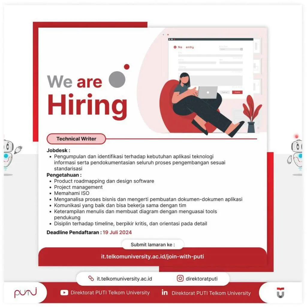 Lowongan Pekerjaan Telkom University Technical Writer Juli 2024