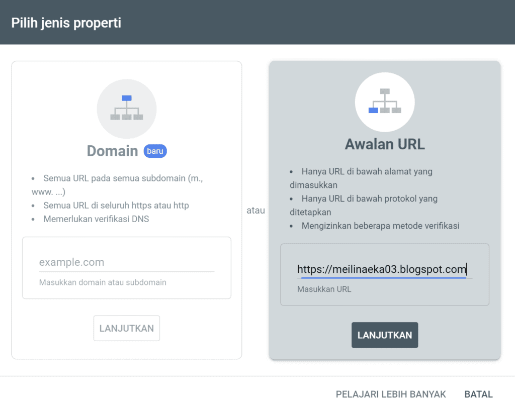 Masukkan URL Website di Google Serach Console
