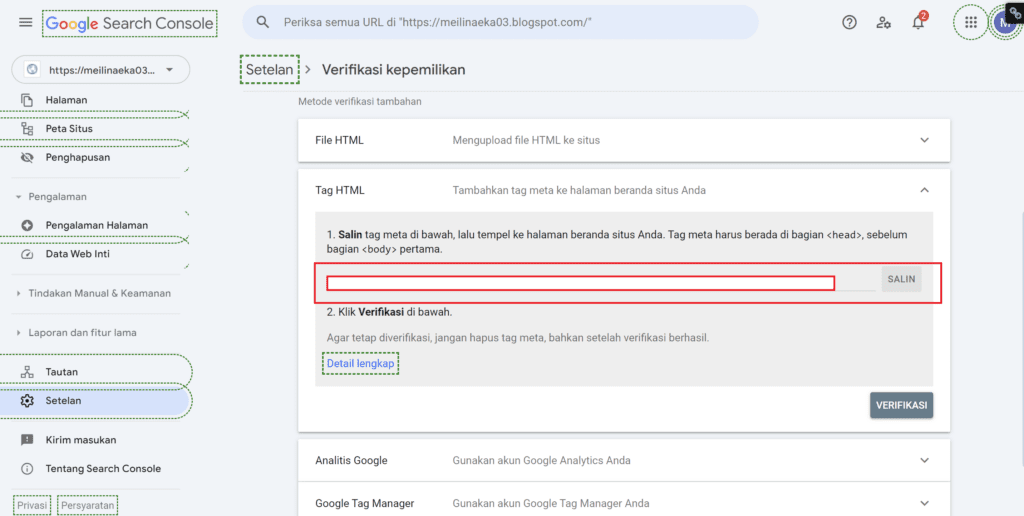 Salin Tag HTML di Google Serach Console