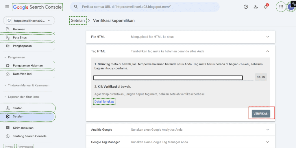 Verifikasi di Google Serach Console