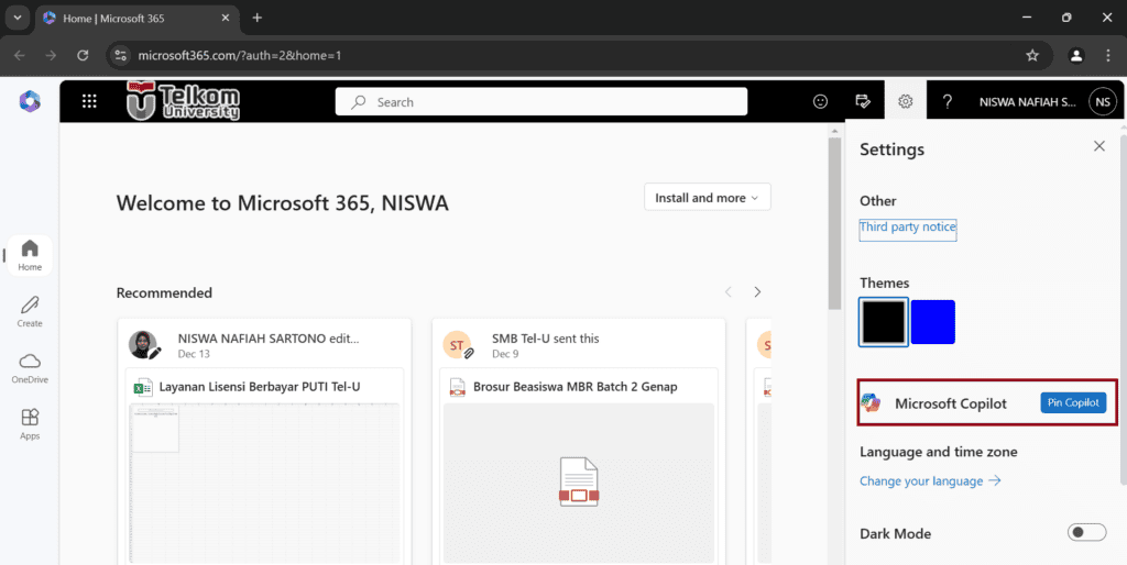 Pin Microsoft Cipilot di Office 2