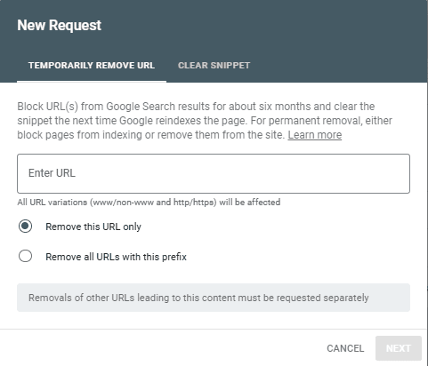 Pilih Temporary Remove URL pada Google SEarch Console