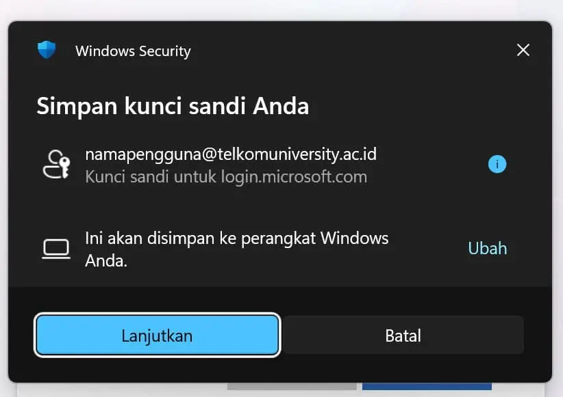 Konfirmasi dan penyimpanan Passkey akun Microsoft Telkom University