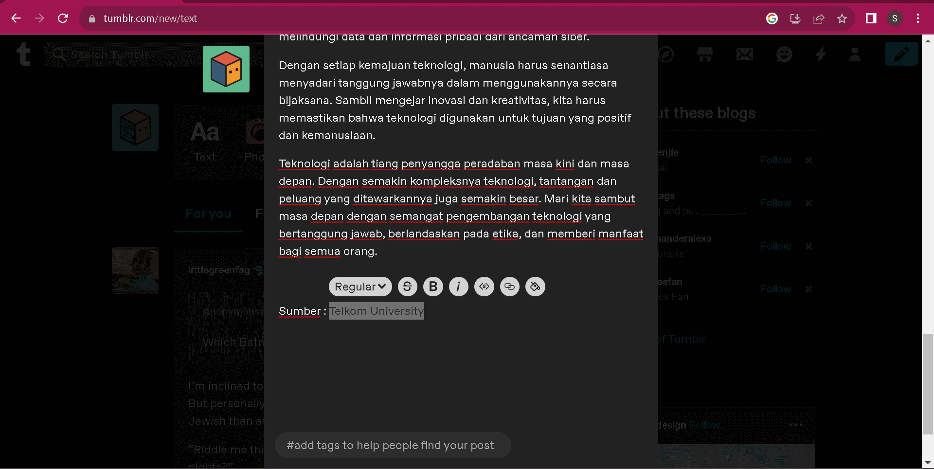 menyisipkan link tumblr