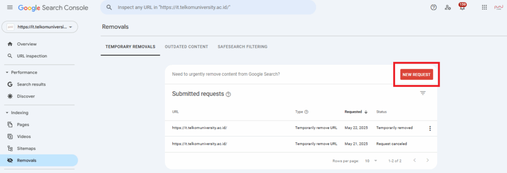 Pilih New Request di Google Search Console