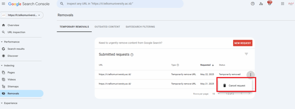 cancle request Google Search Console