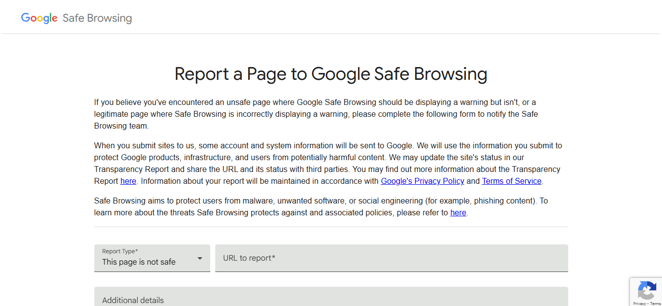 Report a Page to Google Safe Browsing