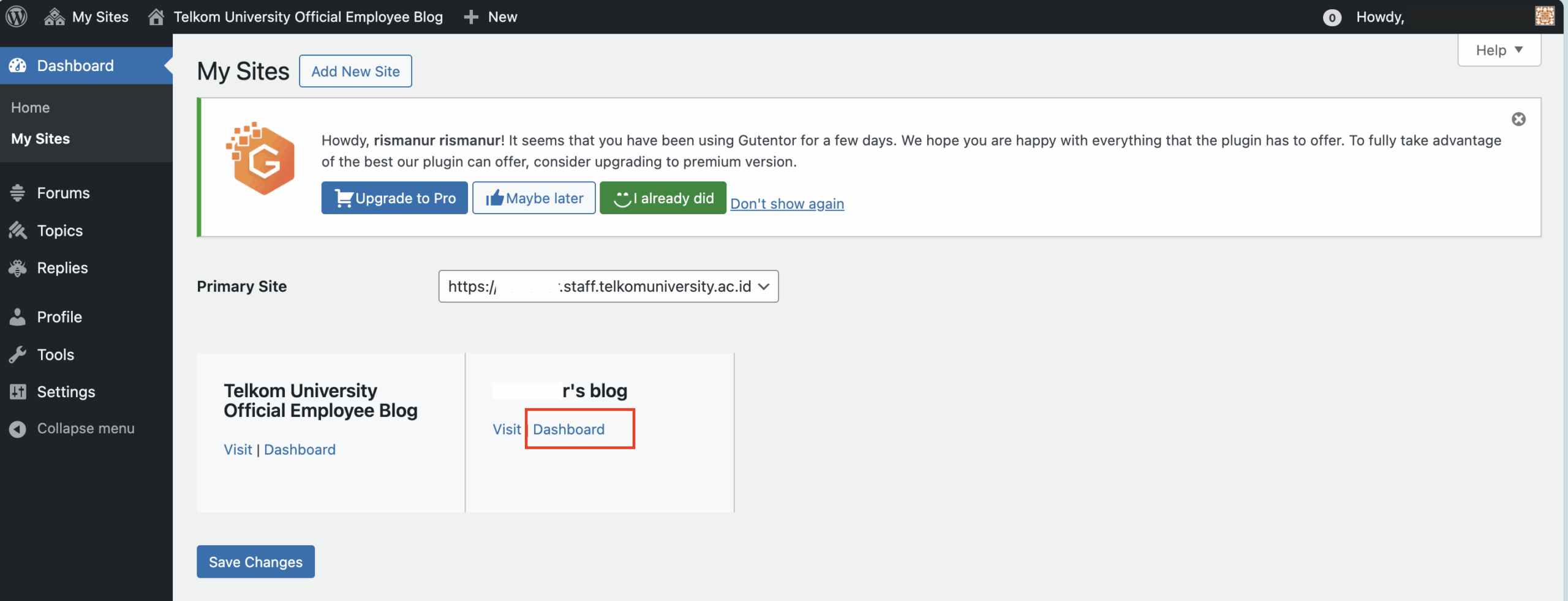 Dashboard Blog Student Telkom University