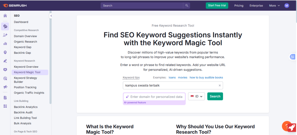 Keyword Magic Tools SEM rush
