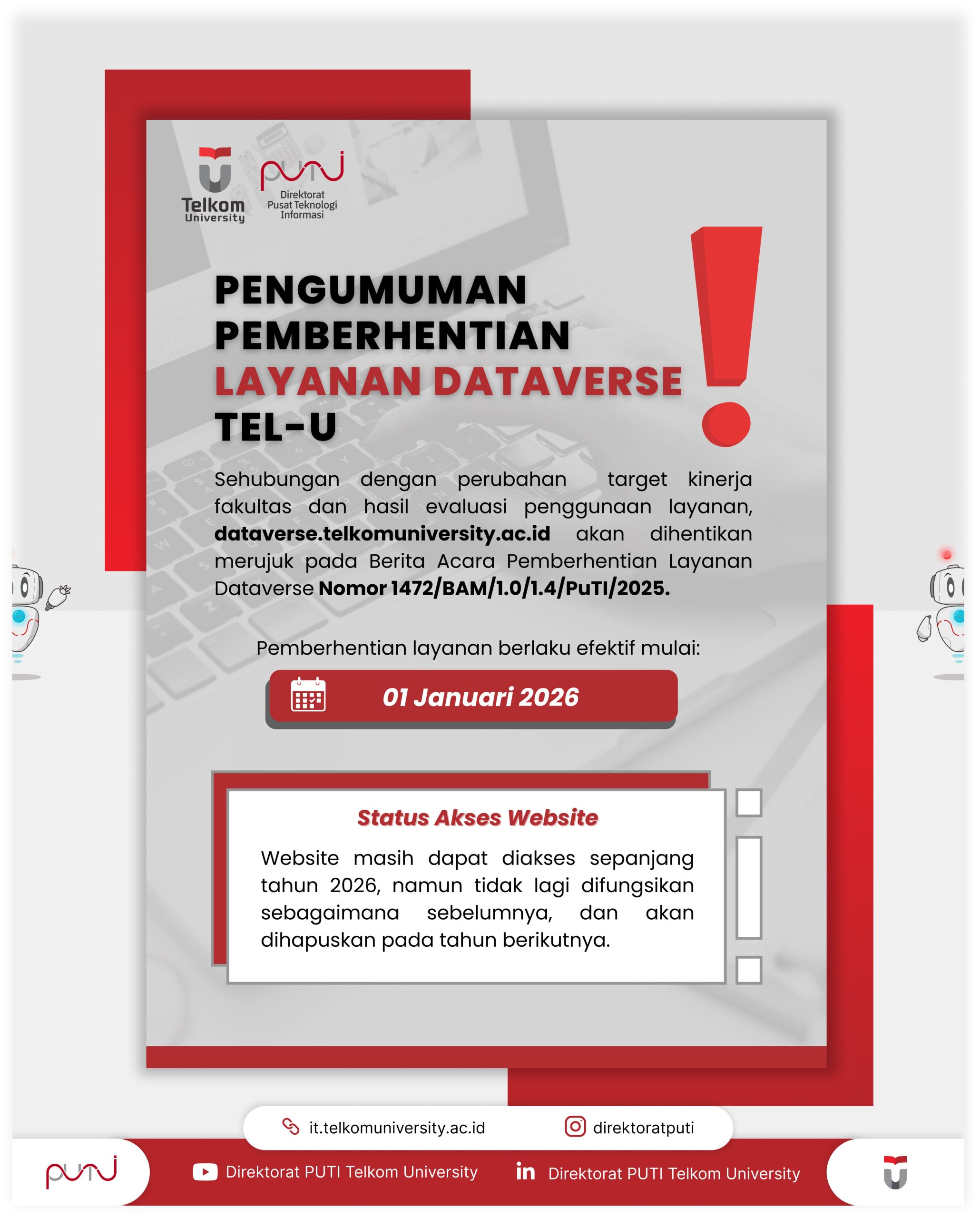 Infografis pengumuman pemberhentian layanan Dataverse Telkom University