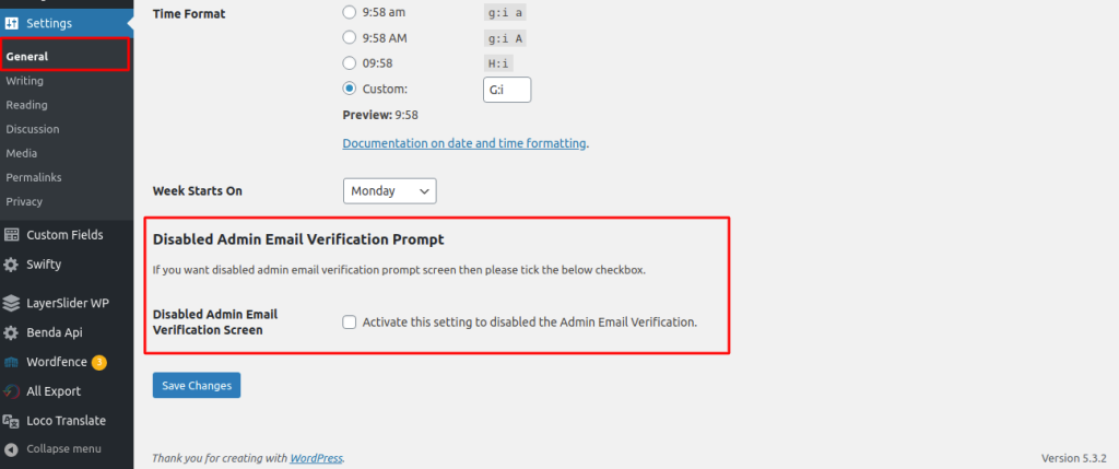 Disable Administration Email Verification Prompt