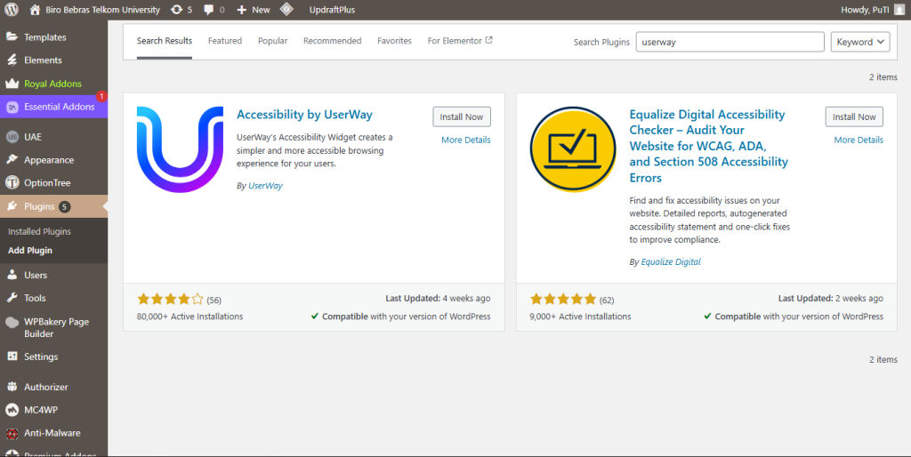 Mencari Plugin UserWay