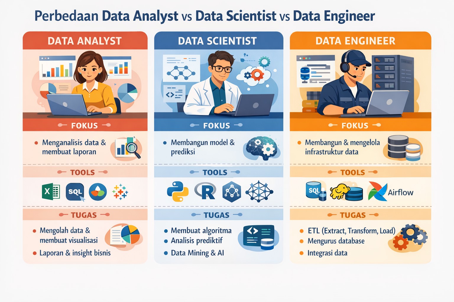 Perbedaan Data Analyst, Data Scientist, dan Data Engineer